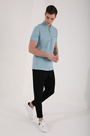 Buz Mavi Basic Göğüs Logolu Standart Kalıp Triko Polo Yaka Erkek T-Shirt - 87768 | XXL