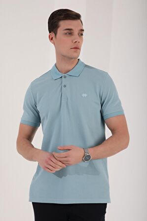Buz Mavi Basic Logolu Standart Kalıp Triko Polo Yaka Erkek T-Shirt - 87748 | S