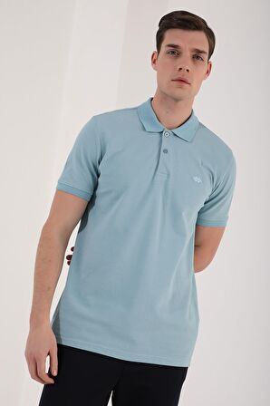 Buz Mavi Basic Logolu Standart Kalıp Triko Polo Yaka Erkek T-Shirt - 87748 | S