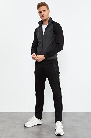 Siyah  Dik Yaka Çift Renk Rahat Form Klasik Paça Erkek Eşofman Takımı - 85113 | 3XL