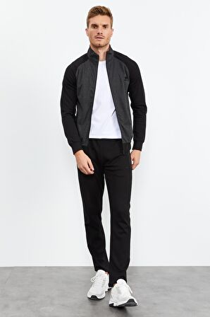 Siyah  Dik Yaka Çift Renk Rahat Form Klasik Paça Erkek Eşofman Takımı - 85113 | 3XL