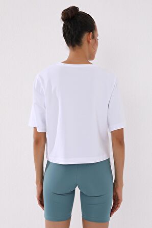 Beyaz Asimetrik Yazı Baskılı O Yaka Kadın Oversize T-Shirt - 97136 | XXL