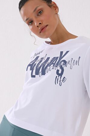 Beyaz Asimetrik Yazı Baskılı O Yaka Kadın Oversize T-Shirt - 97136 | XXL