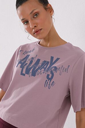 Gül Kurusu Asimetrik Yazı Baskılı O Yaka Kadın Oversize T-Shirt - 97136 | XL