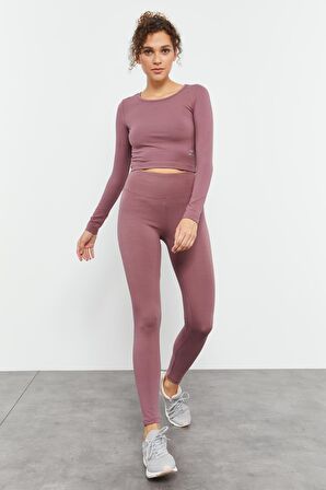 Gül Kurusu Uzun Kollu Dar Kalıp  O Yaka Kadın Crop Top - 97150 | XL