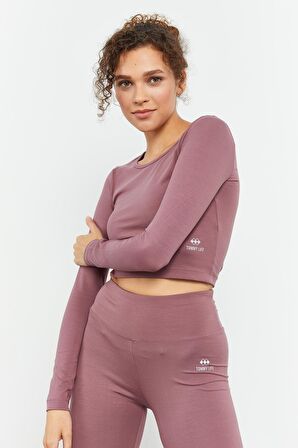 Gül Kurusu Uzun Kollu Dar Kalıp  O Yaka Kadın Crop Top - 97150 | XL