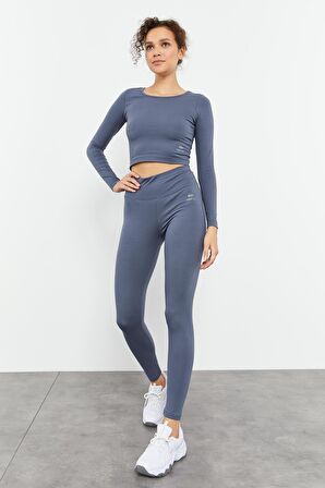 Petrol Uzun Kollu Dar Kalıp  O Yaka Kadın Crop Top - 97150 | M
