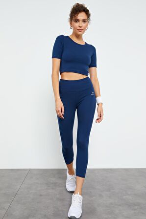 İndigo Kısa Kollu Dar Kalıp O Yaka Kadın Crop Top - 97149 | XL