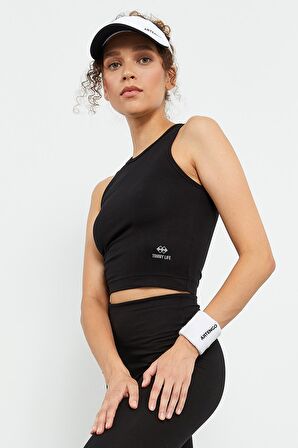 Siyah Sıfır Kol Dar Kalıp O Yaka Kadın Crop Top  - 97148 | XL