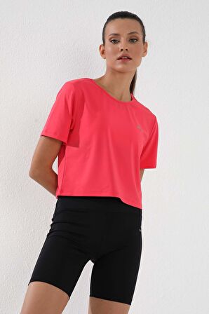 Fuşya Basic Kısa Kol Standart Kalıp O Yaka Kadın Crop Top - 97143 | XL