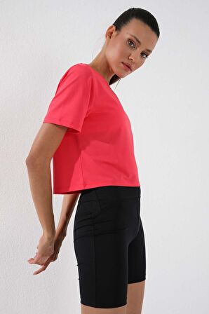 Fuşya Basic Kısa Kol Standart Kalıp O Yaka Kadın Crop Top - 97143 | XL