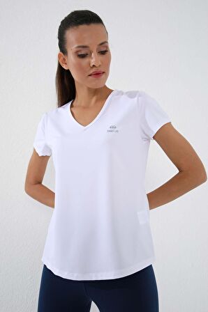 Beyaz Basic Kısa Kol Standart Kalıp V Yaka Kadın T-Shirt - 97145 | M