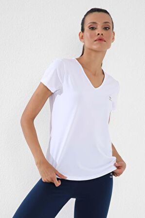 Beyaz Basic Kısa Kol Standart Kalıp V Yaka Kadın T-Shirt - 97145 | M