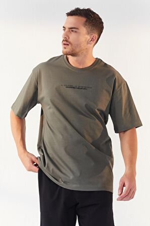 Çağla Yazı Baskılı O Yaka Erkek Oversize T-Shirt - 87984 | S