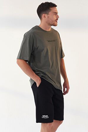 Çağla Yazı Baskılı O Yaka Erkek Oversize T-Shirt - 87984 | S