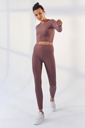 Gül Kurusu Kendinden Desenli O Yaka Uzun Kol Kadın Crop Top - 97153 | M