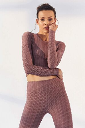 Gül Kurusu Kendinden Desenli O Yaka Uzun Kol Kadın Crop Top - 97153 | M