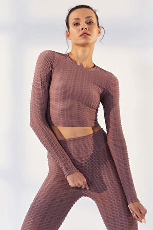 Gül Kurusu Kendinden Desenli O Yaka Uzun Kol Kadın Crop Top - 97153 | XL