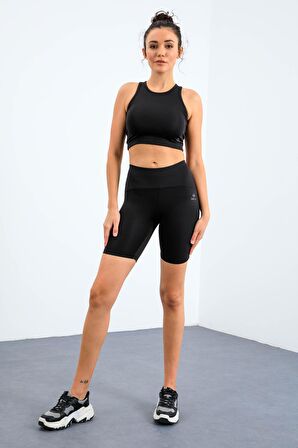 Siyah Yüksek Bel Toparlayıcı Dar Kalıp Crop Biker Kadın Tayt Takım - 95302 | XL
