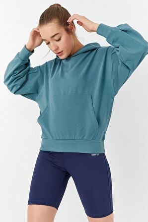 Mint Yeşili Balon Kol Kapüşonlu Kadın Oversize Sweatshirt - 97156 | XL
