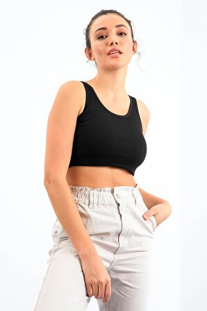 Siyah Basic Sıfır Kol Dar Kalıp U Yaka Kadın Crop Top - 97160 | S