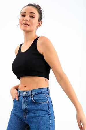 Lacivert Basic Sıfır Kol Dar Kalıp U Yaka Kadın Crop Top - 97160 | L