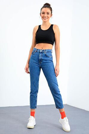 Lacivert Basic Sıfır Kol Dar Kalıp U Yaka Kadın Crop Top - 97160 | XS