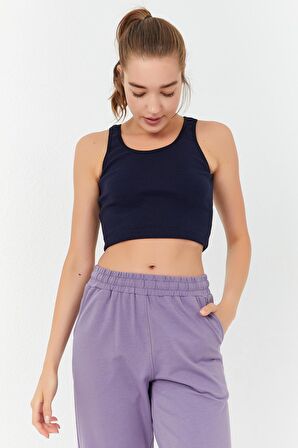 Tommy Life İndigo Basic Sıfır Kol Dar Kalıp U Yaka Kadın Crop Top - 97160 | XS