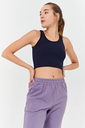 Tommy Life İndigo Basic Sıfır Kol Dar Kalıp U Yaka Kadın Crop Top - 97160 | XS