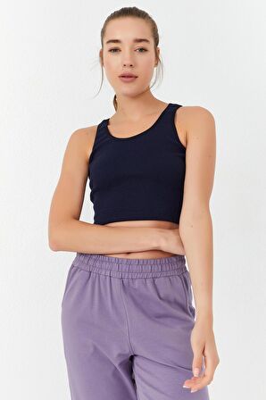Tommy Life İndigo Basic Sıfır Kol Dar Kalıp U Yaka Kadın Crop Top - 97160 | XS