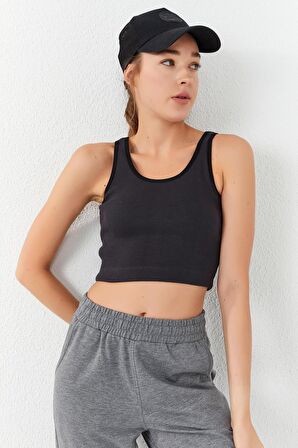 Tommy Life Füme Basic Sıfır Kol Dar Kalıp U Yaka Kadın Crop Top - 97160 | S