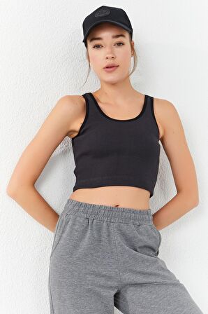 Tommy Life Füme Basic Sıfır Kol Dar Kalıp U Yaka Kadın Crop Top - 97160 | S