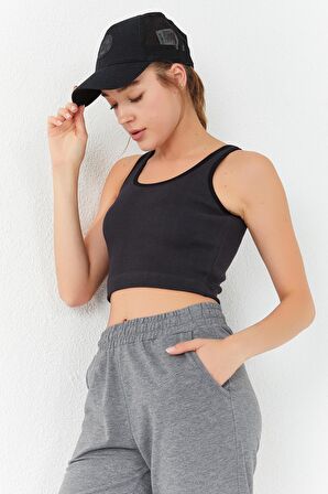 Tommy Life Füme Basic Sıfır Kol Dar Kalıp U Yaka Kadın Crop Top - 97160 | S