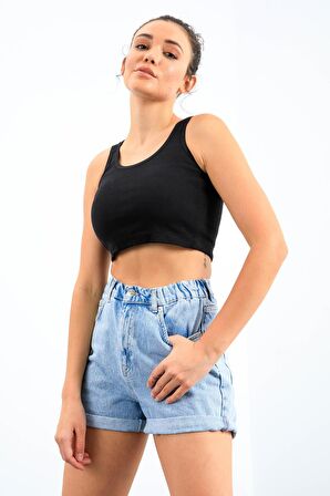 Lacivert Basic Sıfır Kol Dar Kalıp U Yaka Kadın Crop Top - 97162 | L