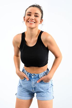 Lacivert Basic Sıfır Kol Dar Kalıp U Yaka Kadın Crop Top - 97162 | L