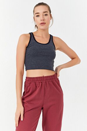 Lacivert Melanj Basic Sıfır Kol Dar Kalıp U Yaka Kadın Crop Top - 97162 | M