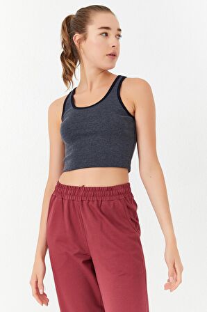 Lacivert Melanj Basic Sıfır Kol Dar Kalıp U Yaka Kadın Crop Top - 97162 | M