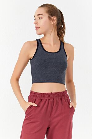 Lacivert Melanj Basic Sıfır Kol Dar Kalıp U Yaka Kadın Crop Top - 97162 | S