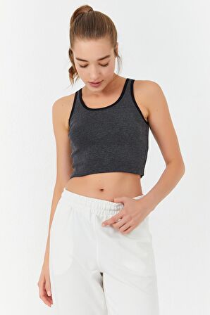 Antrasit Melanj Basic Sıfır Kol Dar Kalıp U Yaka Kadın Crop Top - 97162 | XS