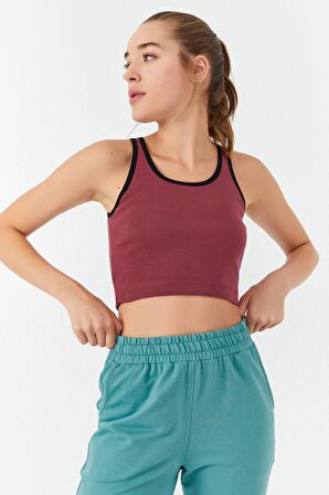 Bordo Basic Sıfır Kol Dar Kalıp U Yaka Kadın Crop Top - 97162 | S