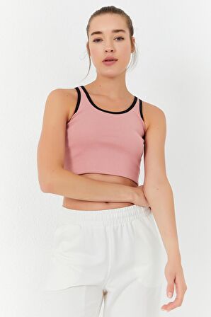 Pudra Basic Sıfır Kol Dar Kalıp U Yaka Kadın Crop Top - 97162 | XS