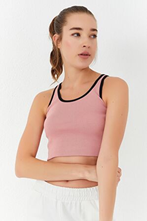 Pudra Basic Sıfır Kol Dar Kalıp U Yaka Kadın Crop Top - 97162 | XS