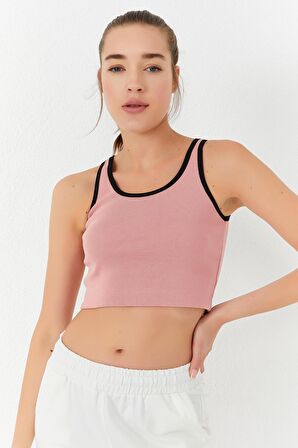 Pudra Basic Sıfır Kol Dar Kalıp U Yaka Kadın Crop Top - 97162 | XS