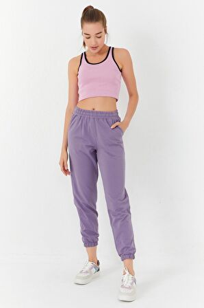 Pembe Basic Sıfır Kol Dar Kalıp U Yaka Kadın Crop Top - 97162 | S