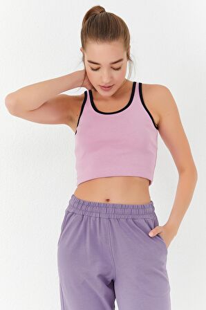 Pembe Basic Sıfır Kol Dar Kalıp U Yaka Kadın Crop Top - 97162 | S