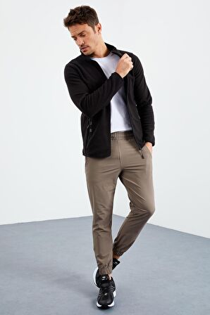 Siyah Yazı Nakışlı Dik Yaka Fermuarlı Standart Kalıp Erkek Sweatshirt Polar - 87992 | M