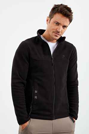 Siyah Yazı Nakışlı Dik Yaka Fermuarlı Standart Kalıp Erkek Sweatshirt Polar - 87992 | M