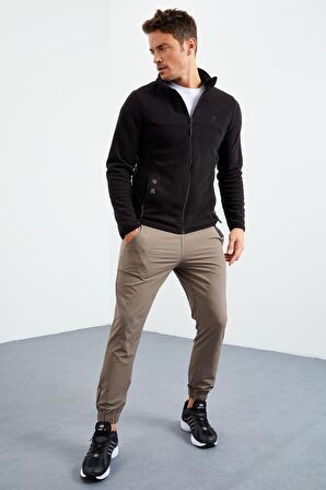Siyah Yazı Nakışlı Dik Yaka Fermuarlı Standart Kalıp Erkek Sweatshirt Polar - 87992 | M