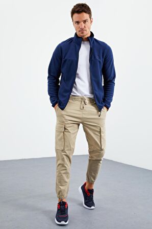 İndigo Yazı Nakışlı Dik Yaka Fermuarlı Standart Kalıp Erkek Sweatshirt Polar - 87992 | L