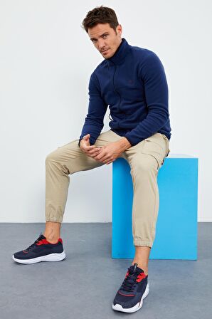 İndigo Yazı Nakışlı Dik Yaka Fermuarlı Standart Kalıp Erkek Sweatshirt Polar - 87992 | S